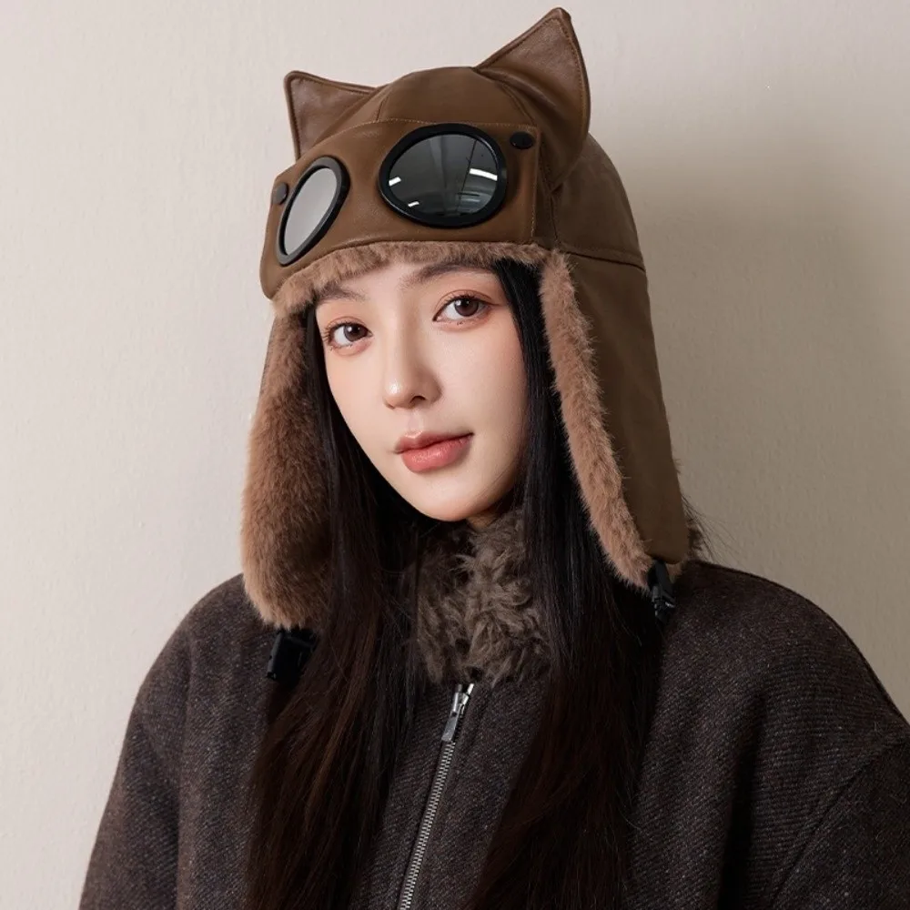 Earflap Cat Ear Trapper Hat Ear Protection Head Circumference 56-58cm Faux Leather Hat With Goggles Fleece Lined Winter Hat