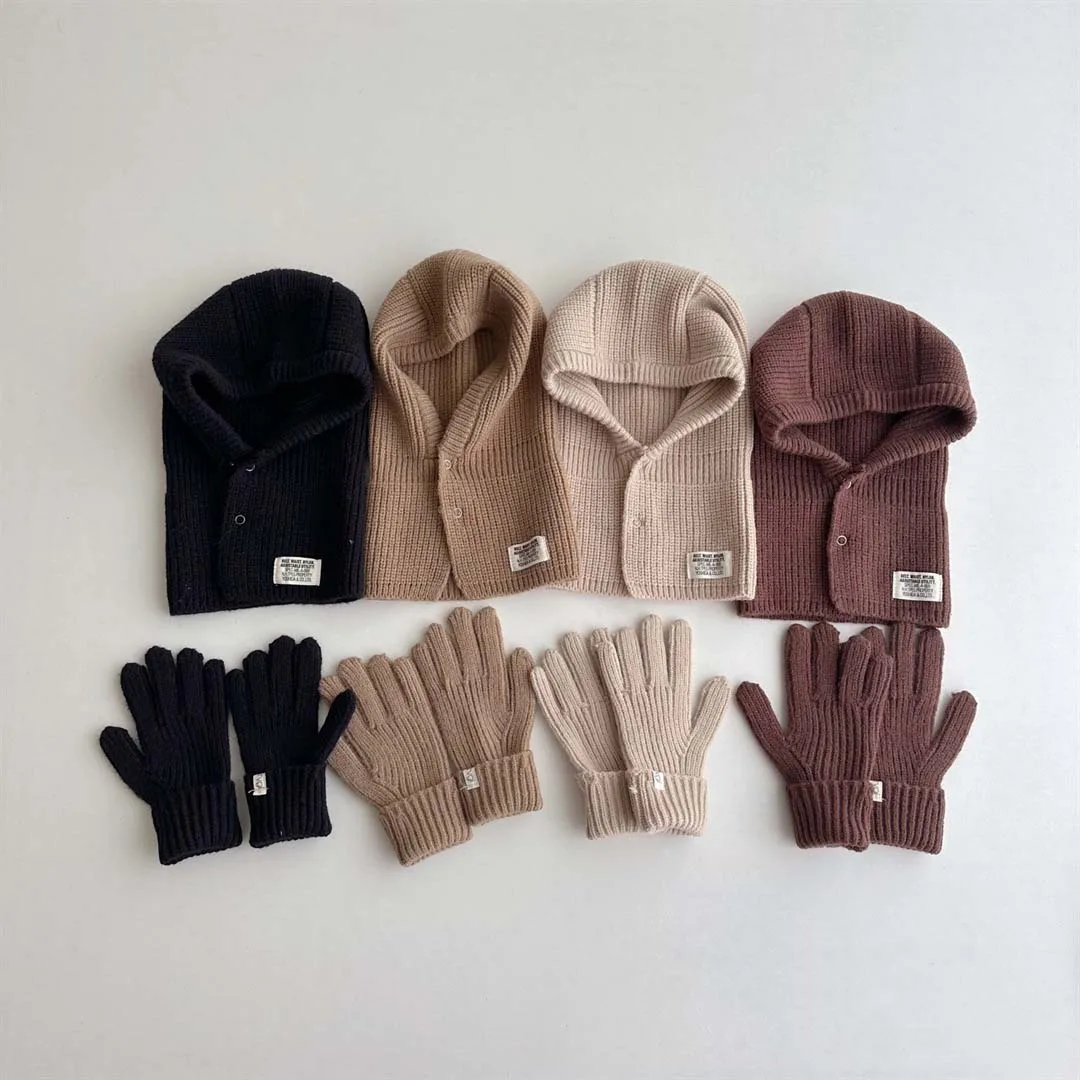 Korea Knitted Kids Hat Scarf Glove Sets With Label Autumn Winter Baby Pullover Hat Children's Ear Neck Hand Protection Warm Hat