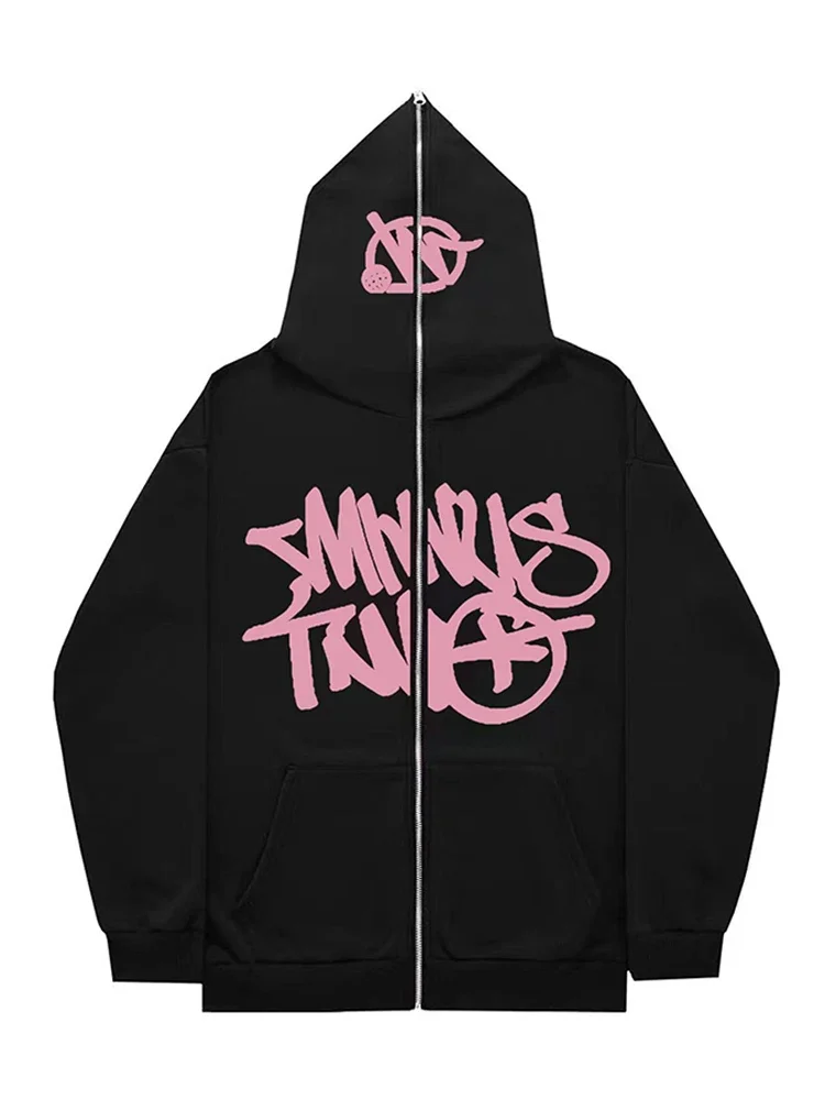 Autumn And Winter Men\'s and Women\'s Letter Printed Hooded Sweatshirt Retro Y2k Zipper Hooded, Fashionable Punk Harajuku Casual