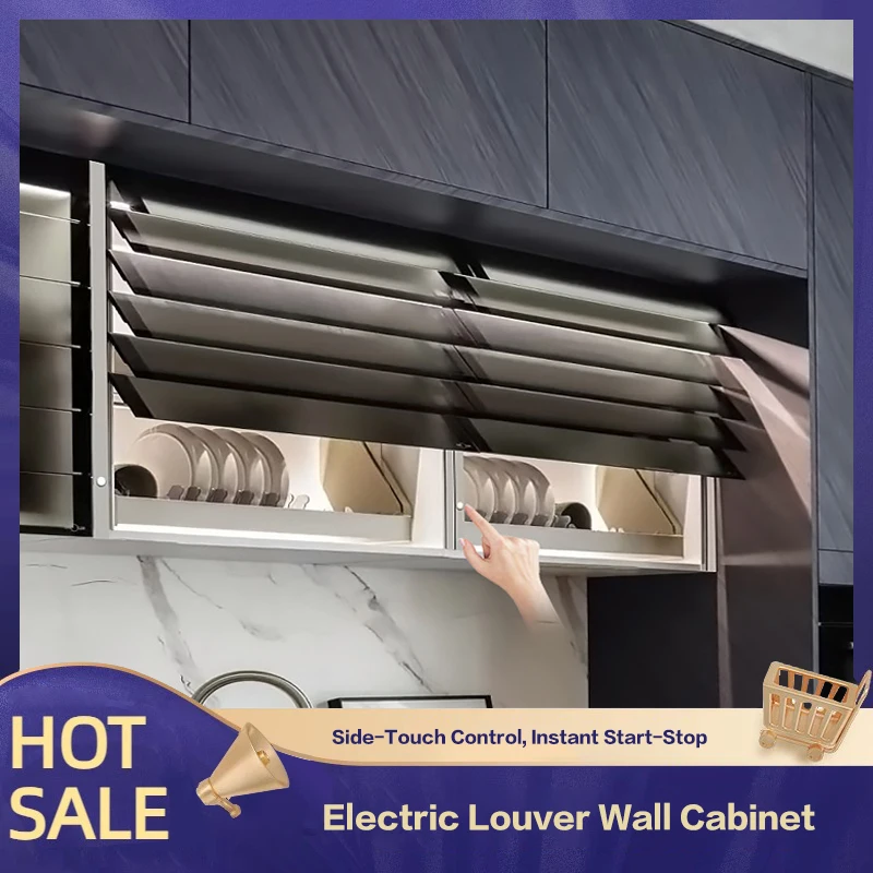 Smart Electric Bottom Touch Induction Louvre Glass Door Wall Cabinet Automatic Lift Hanging Kitchen Storage Any Height Stop