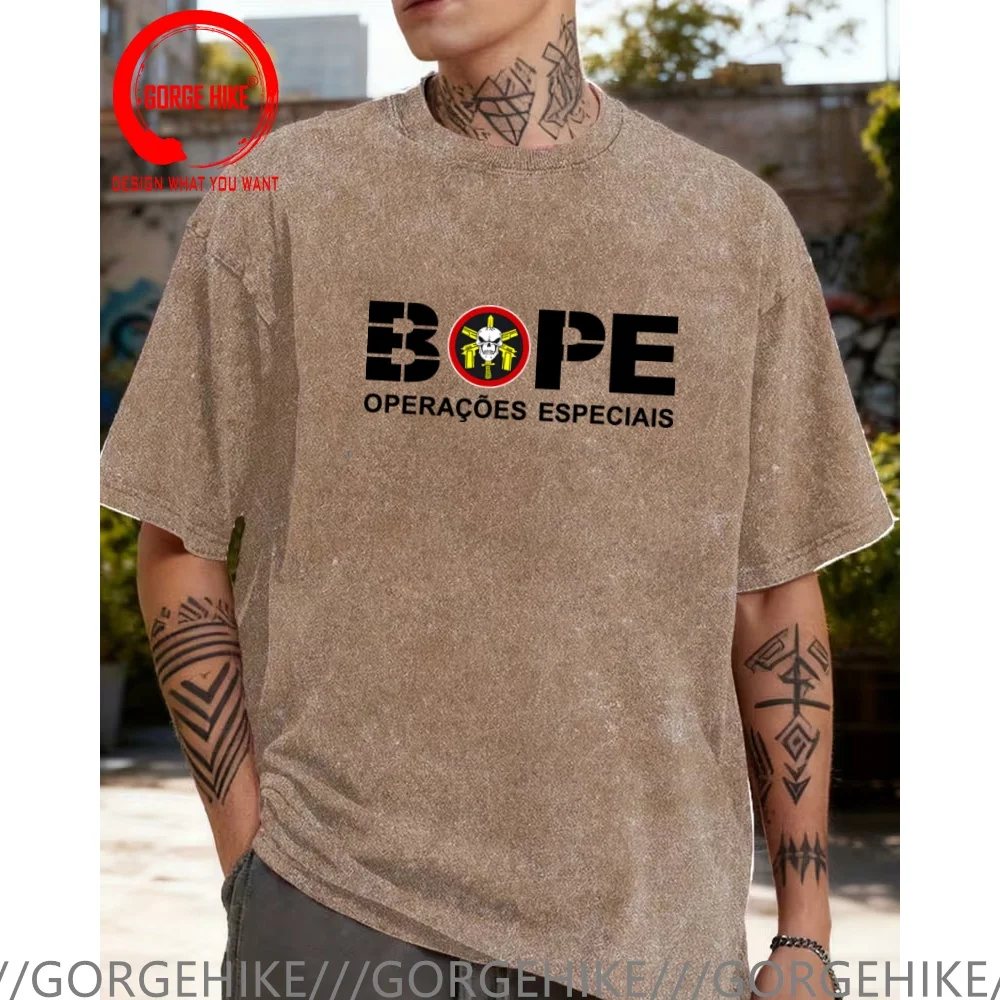 

Vintage Washed Cotton T-Shirt Funny Designer BOPE Batallon Ops Policiales Especiais T Shirt Men Fashion Trendy Casual Clothing