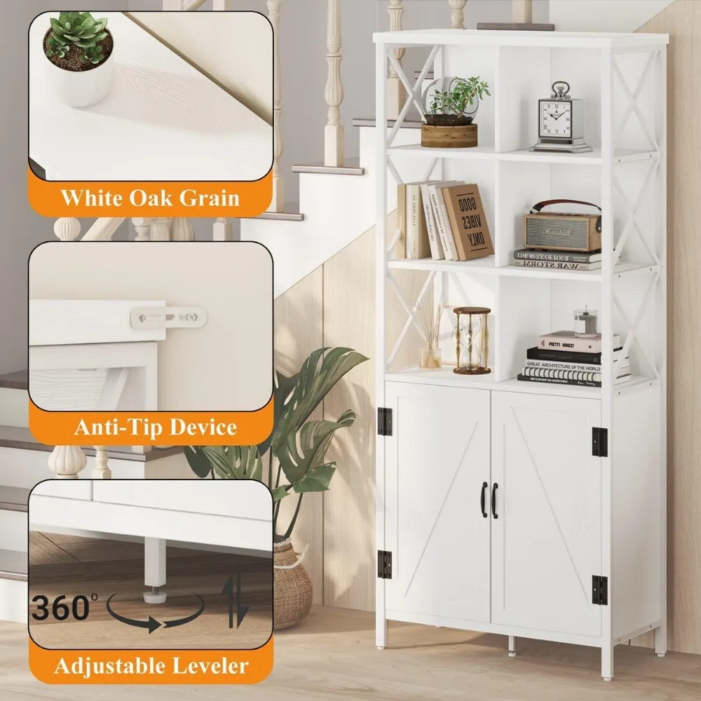 ชั้นวางหนังสือทรงสูงสไตล์อินดัสเทรียลพร้อมบานประตูและช่องเก็บของแบบลูกบาศก์