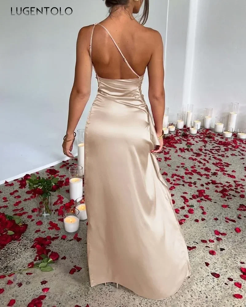 Lugentolo Women Sexy Backless Dress Slim Suspenders Party Bridesmaid Solid Lady One Shoulder Diagonal Collar Summer Split Cloth