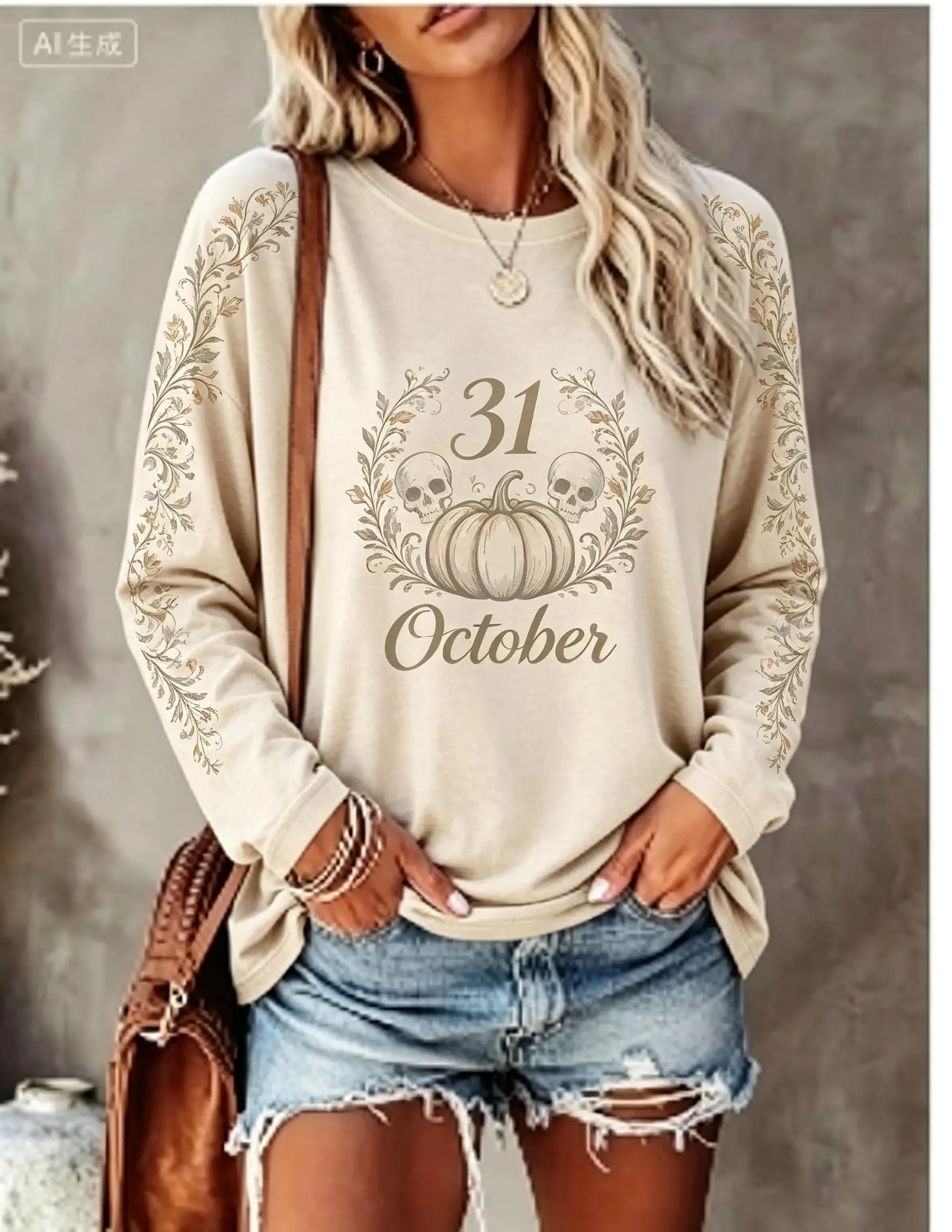 Women Halloween Long Sleeve T‑Shirt 31 October Pumpkin Autumn Leaf Vintage Print Crew Neck Tops
