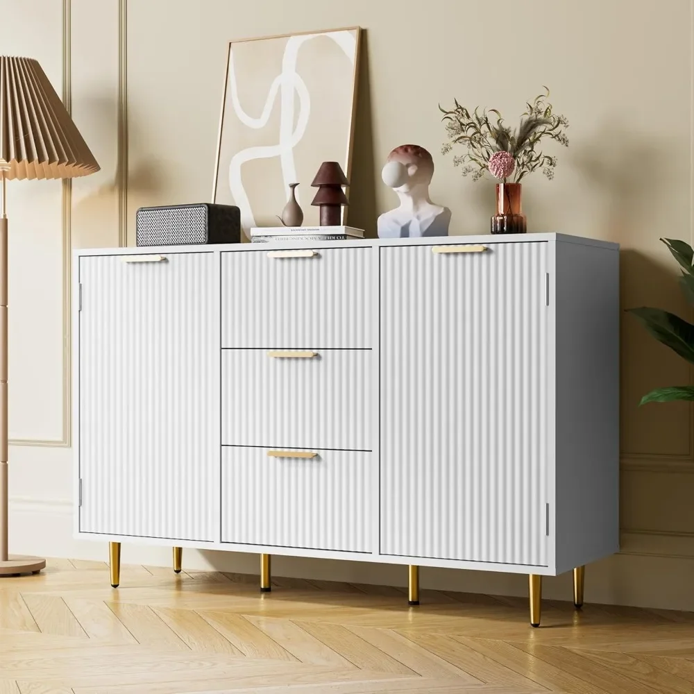 

Modern Decorative Cabinet with 3 Drawers and 2 Doors, Kitchen Buffet Sideboard with Adjustable Shelves, White