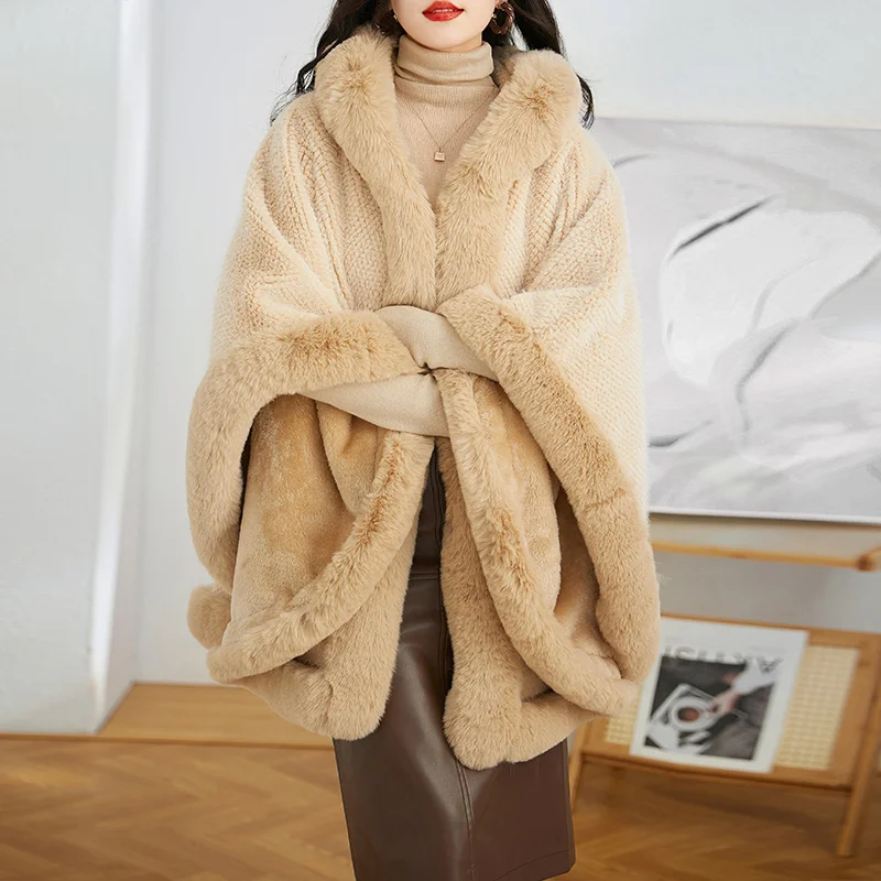 

Soft Poncho Shawl Cloak Coat Loose Batwing Cape Faux Fur Hooded Collar Autumn Winter Women Woolen Mantle Fashion Young