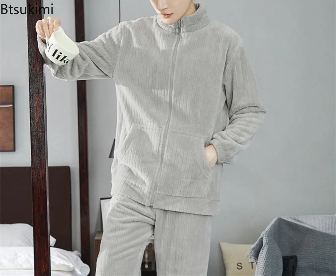 2024 Men's Winter Warm Pajama Sets Thickened Homewear for Men Coral Fleece Nightwear 2PCS Sets Warm Sleepwear Men's Home Clothes