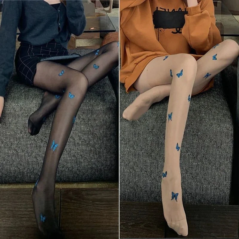 Butterfly Print Women Pantyhose Leg Shaping Female Tights Vintage French Stockings Stretch Hosiery Thin Silk Socks