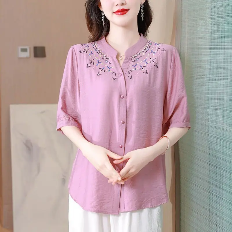 2024 Summer Artistic Retro Ethnic Style Fashion V-neck Embroidery Loose Casual Oversize Versatile Mid Sleeved Shirt for Women