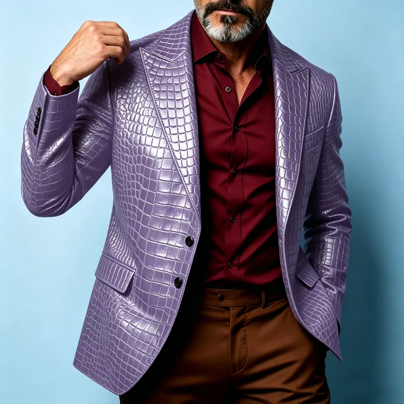 Luxury Men's Crocodile Pattern PU Leather Blazer Notch Lapel Single-Breasted 2 Button Slim Fit Jacket Business Casual for Man