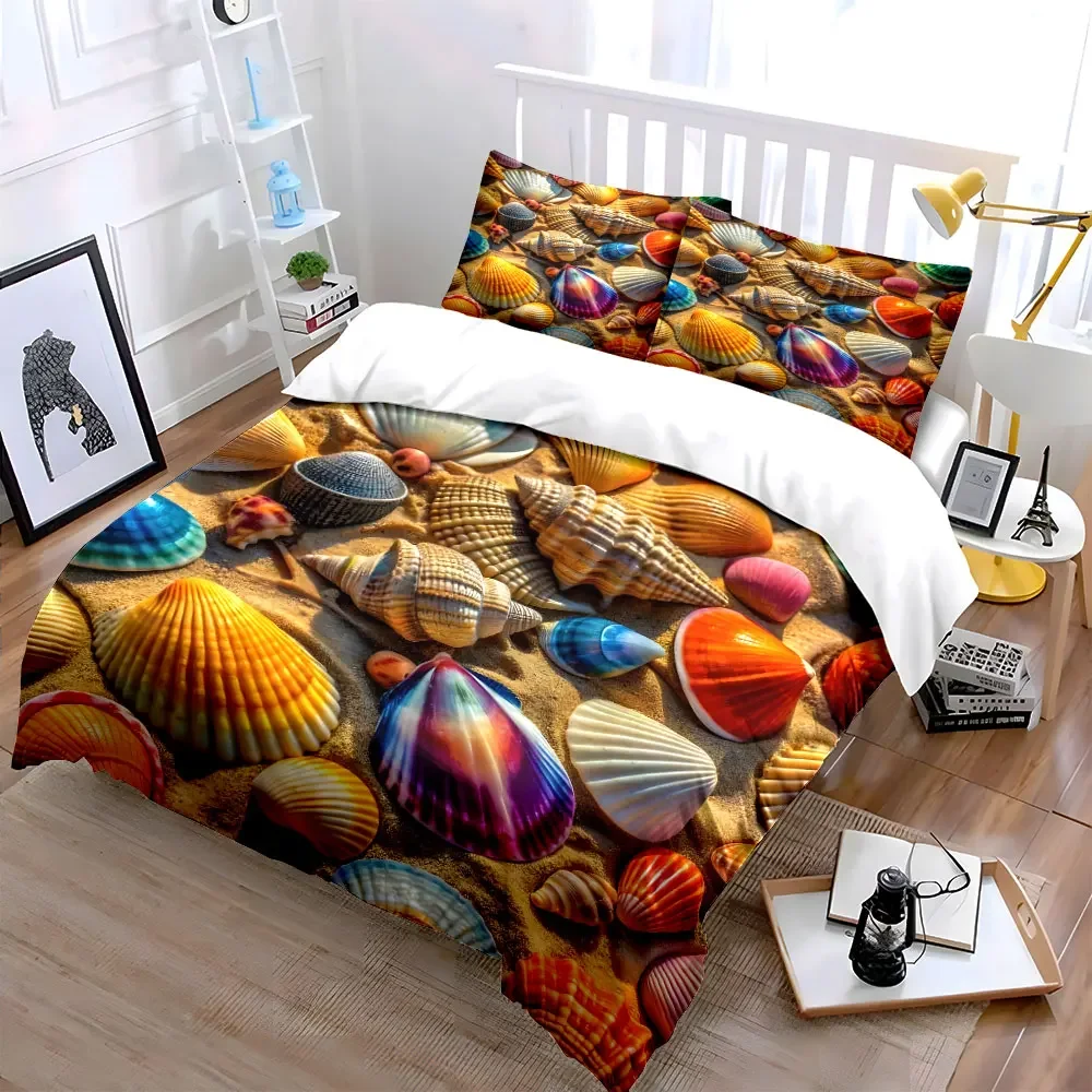 3Pcs Colorful Seashells on Sand Bedding Set, Tropical Beach Shell Print Duvet Cover + 2 Pillowcases, Ocean Coastal Decor