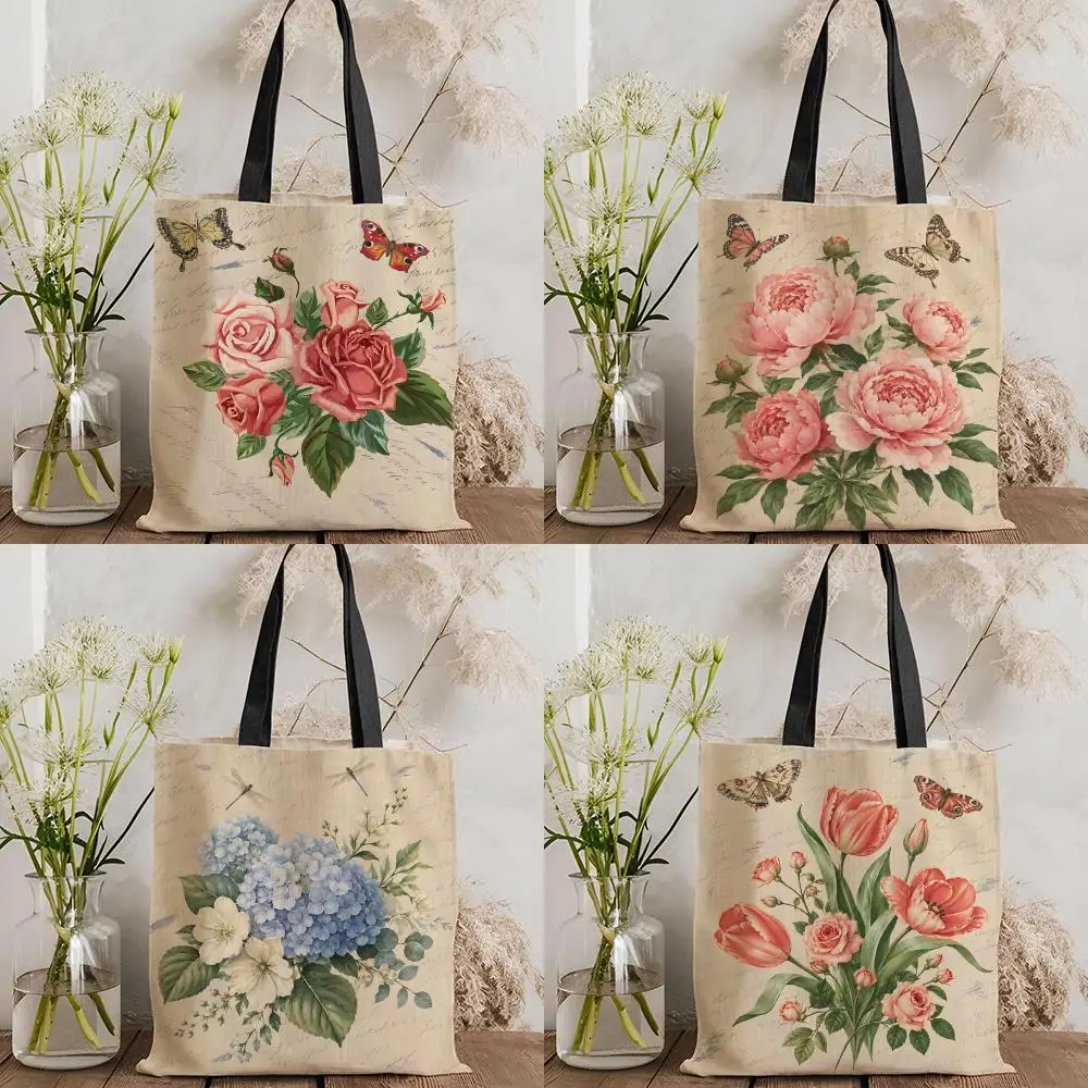 Soft Retro Blooms Flower Simplicity Storage Bags Canvas Tote Bag Women Large Capacity Reusable Eco Shopping Shoulder Handbag