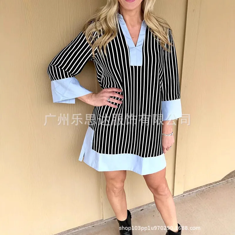 Fashionable Blue Collar Striped Patchwork Shirt Dress, Summer Fashion Casual Lapel Seven Quarter Sleeved Shirt Dress For Women