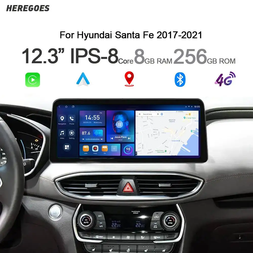 

Автомобильный DVD-плеер Carplay, 12,3 дюйма, 8 ядер, Android 14, навигация, стерео, Wi-Fi, Bluetooth, 8 ГБ, GPS, радио для Hyundai Santa Fe 2017-2021