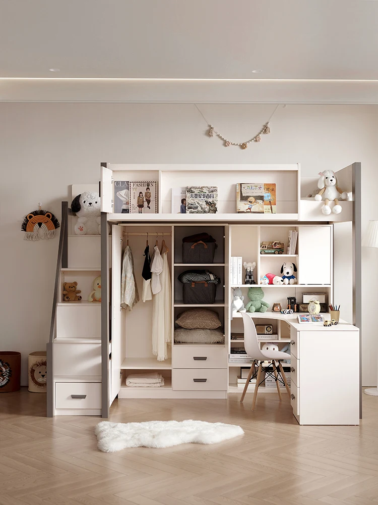 

All solid wood wardrobe desk integrated high and low bed adult home