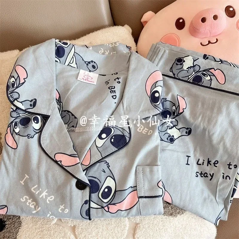 

Disney Lilo and Stitch Cartoon Stitch Pajama Set Women's Kawaii Spring Autumn Long Sleeve Long Pants Pajamas Home Clothing Set