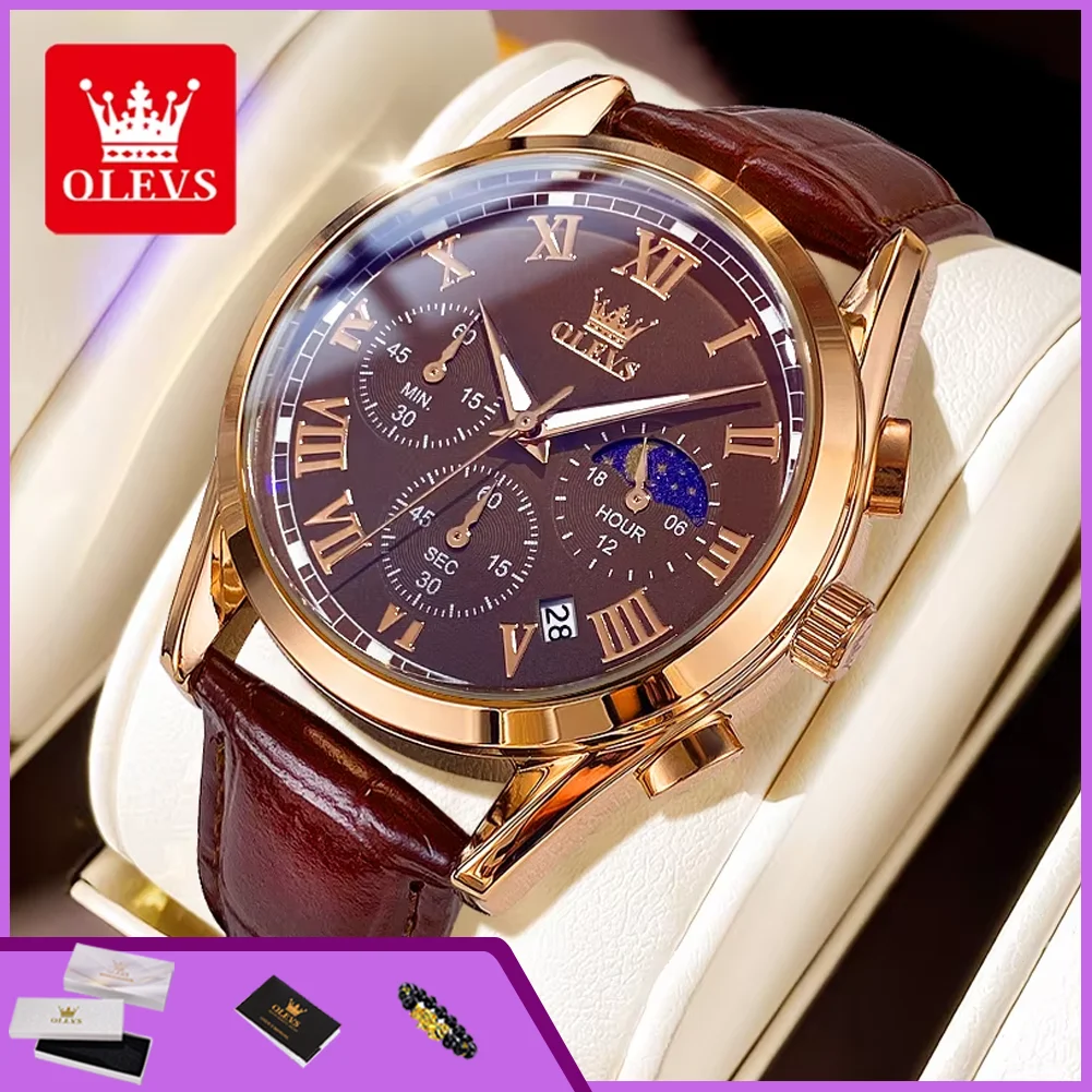 

OLEVS 2871 Quartz Watches for Men Fashion Leather Strap 30M Waterproof Chronograph 24 Hour Moon Phase Auto Date Luxury Man Watch