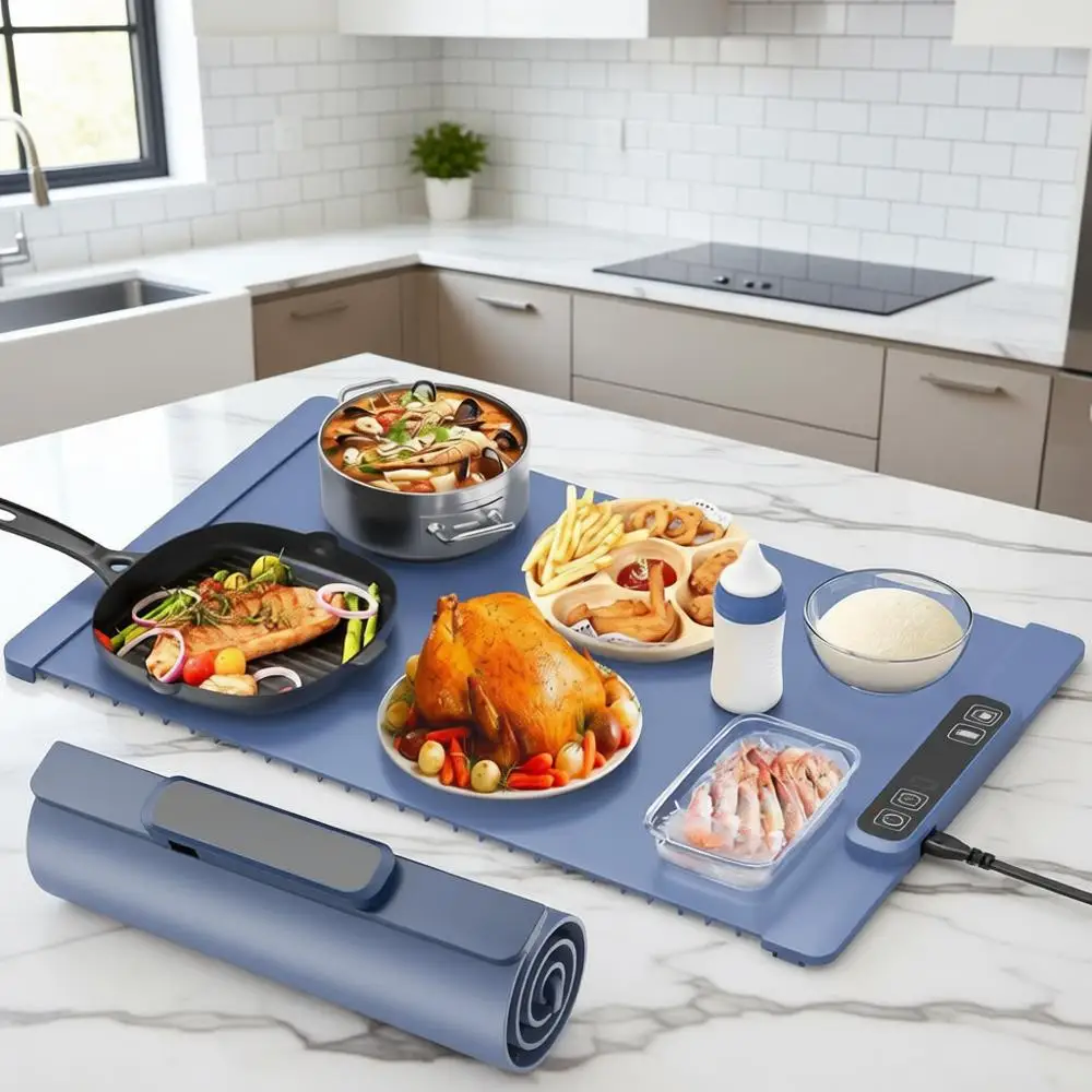 

Electric Warming Tray - Full Surface Heating, Rollable & Portable, Premium Silicone Nano-Material, 5 Temperature Settings, Auto