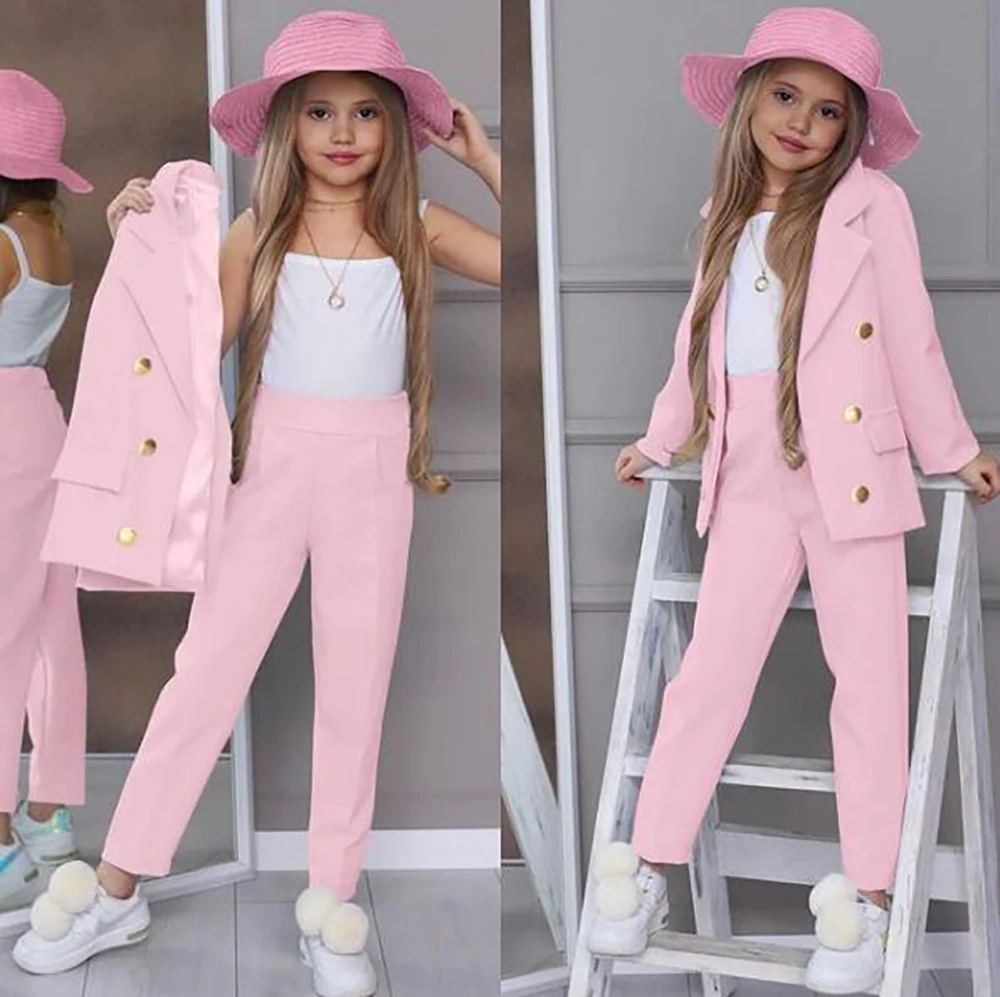 New Fashion Girls Blazer Doppio petto Abiti con risvolto Giacche per bambini + Pantaloni Abiti casual per adolescenti formali larghi