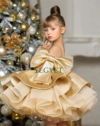 Blumen mädchen Kleider Bogen geschwollene kleine Mädchen Kleid Satin Prinzessin Kleid Baby Mädchen Kleider Erstkommunion Bogen