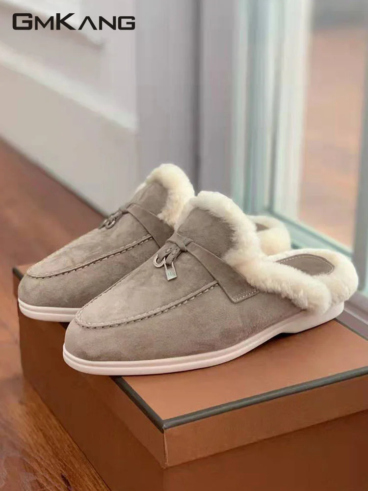 New Kid Suede Slippers Women Metal Lock Pendant Flat Shoes Woman Round Toe Casual Mules Winter Wool Slides Walk Shoes Women