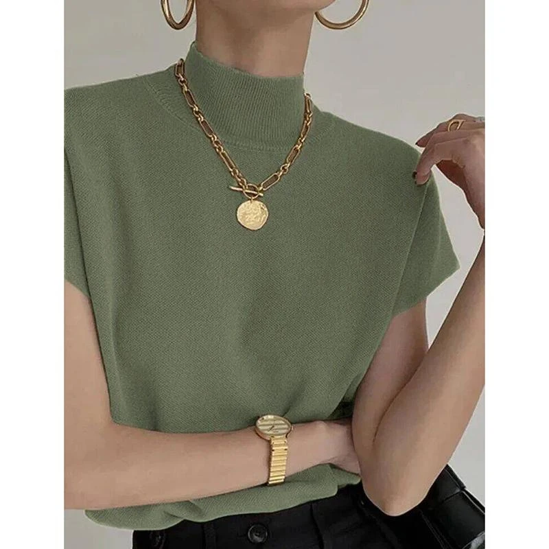 موضة الوقوف طوق سليم المرأة محبوك سترة فضفاضة الصلبة أنيقة مستقيم القمم قصيرة الأكمام مكتب سيدة تي شيرت قميص فضفاض #4