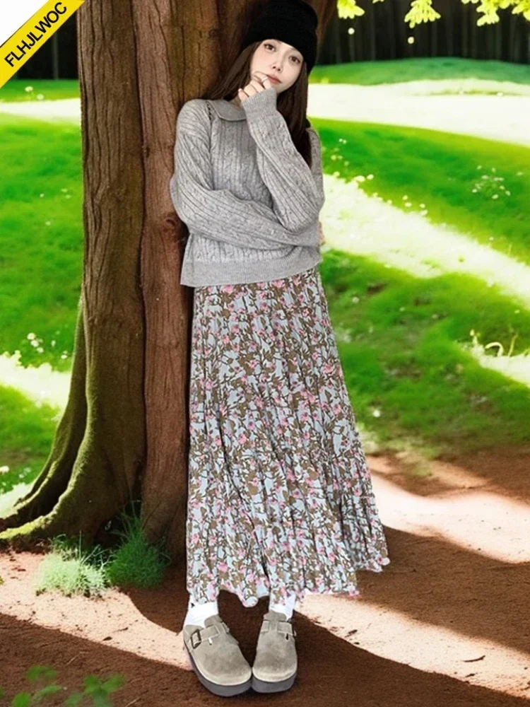 Retro Vintage Skirts Autumn Spring Women Japan Girls Preppy Style Flower Green Printing High Waist Cute Long Maxi Skirt