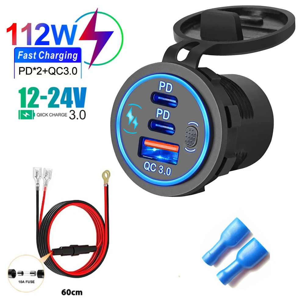 Autolader Socket PD3.0 & QC3.0 Dubbele USB C-poorten Waterdicht met LED Touch Switch 78W Snel opladen 12V/24V Voor Moto Adapter