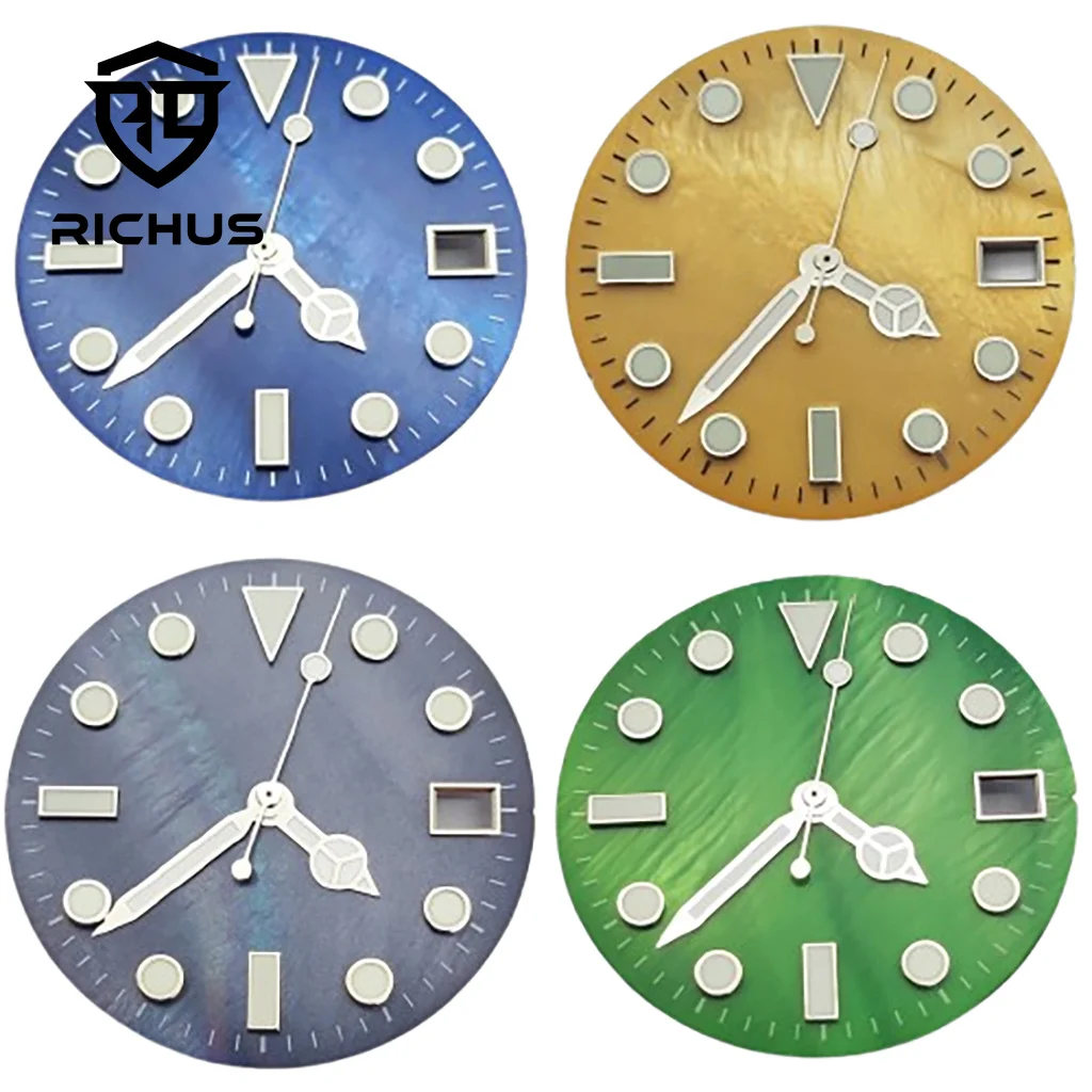 Esfera de reloj RICHUS de 28,5mm con manecillas de reloj, ajuste luminoso verde, movimiento NH34 NH35 NH36