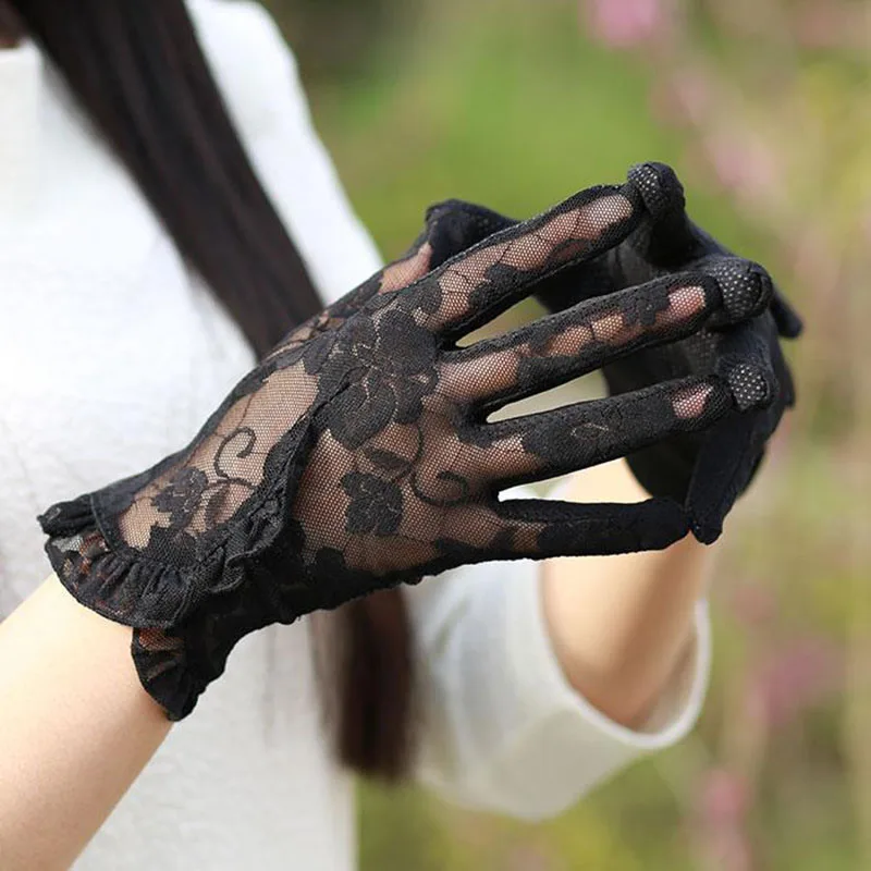Women Summer Thin Lace Ruffle Edge Short Sexy Sunscreen Breathable Anti-skid Touch Screen Cycling Driving UV Gloves