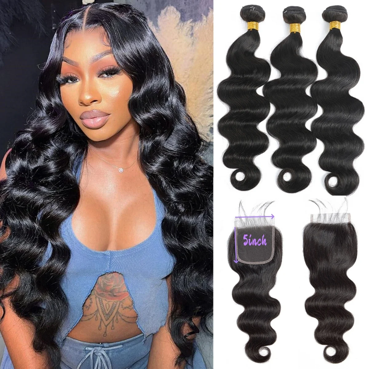 Brazilian Virgin Hair Body Wave 3 Bundles with Closure 100% Unprocessed Virgin Remy Hair Bundles with Lace Closure Natural Color