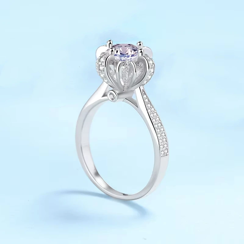 

Women Peony Flower Crown Ring, 1CT Moissanite Diamond, Platinum Pt950, Wedding Band Girl Birthday Gift Engagement Fine Jewelry