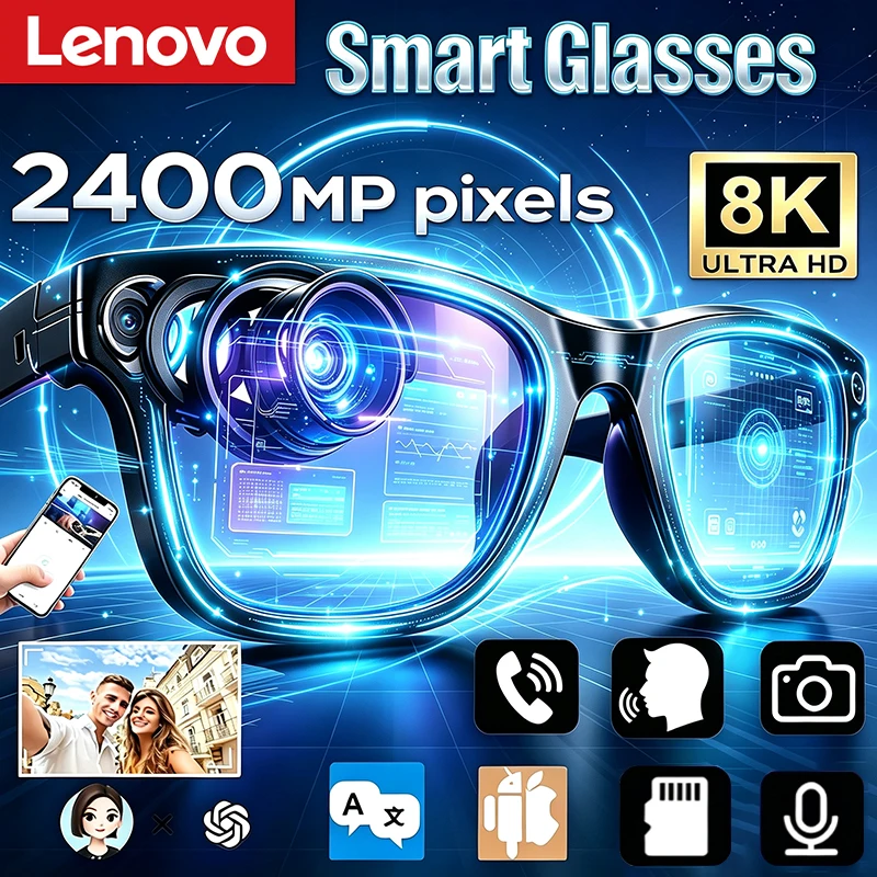 Lenovo 8K HD AI Smart Glasses 2400W Hands-Free Calling AI Translation Chat Logging Music Playback Men Women Smart Sunglasses