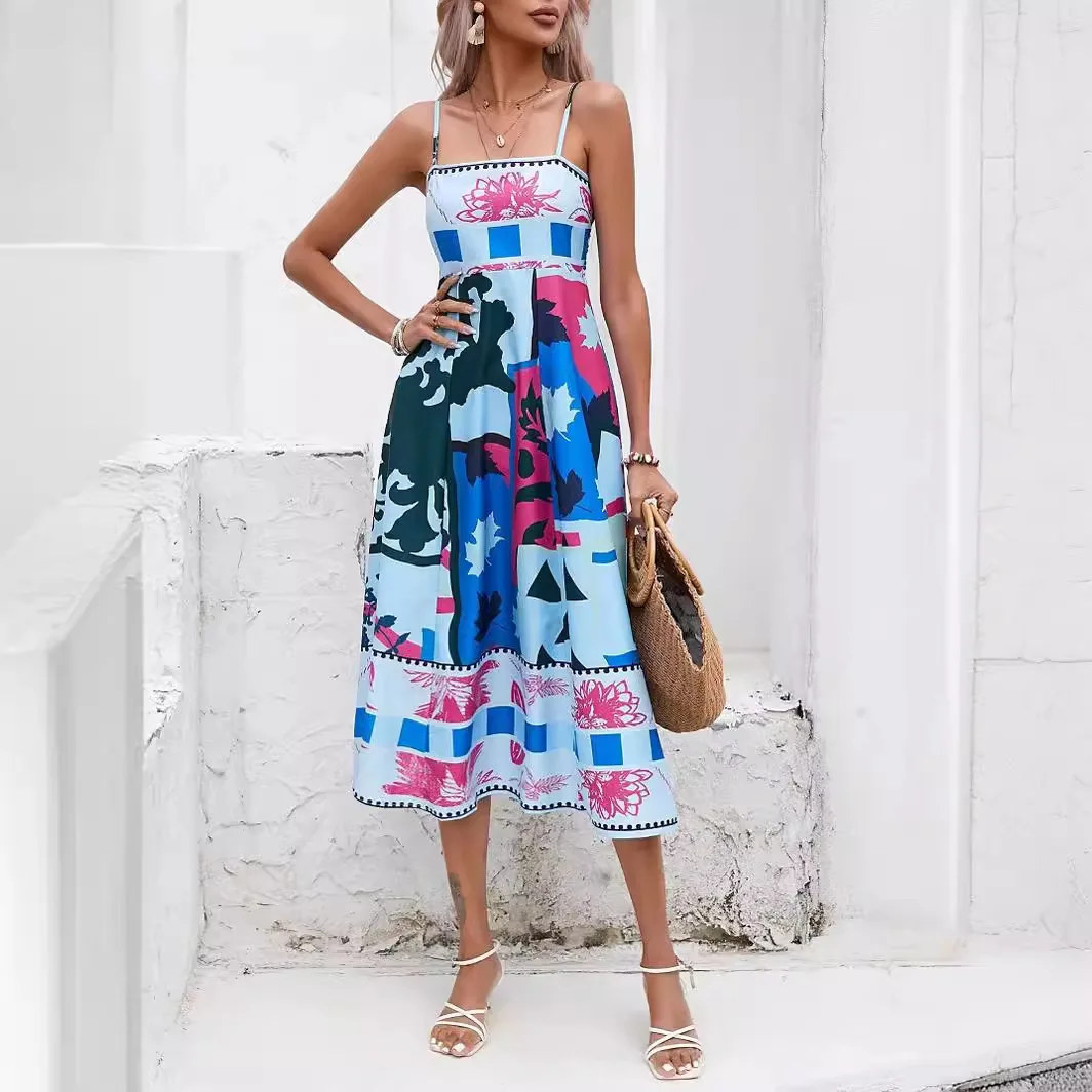 

Summer Women's Clothing Style Positioning: Multi-color Irregular Printed Camisole Sleeveless Off Shoulder Large Swing Dress
