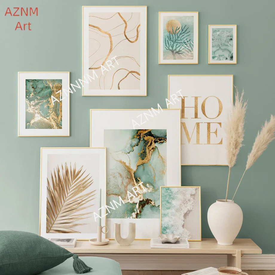 1pc Sand Wellen Gold Palm Poster Abstrakte Grüne Marmor Linie Korallen Wand Kunstdruck Leinwand Malerei Wand Bilder Für Wohnzimmer decor