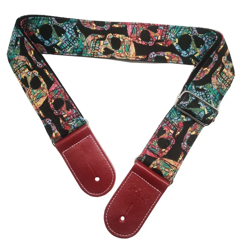 Double Layer Sewing Cotton Electric Guitar Strap for Acoustic Bass Adjustable Denim Printed Guitar Belt Genuine Leather Ends