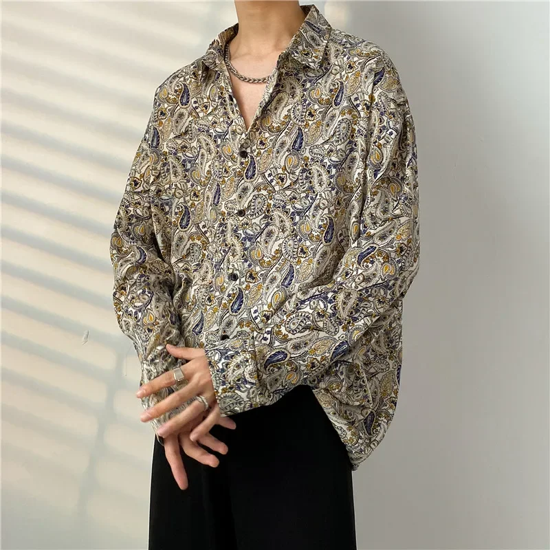 

Japanese Vintage No Ironing Floral Long Sleeve Shirt Men Streetwear Harajuku Men's Casual Oversized Cashew Flower Print Shirts