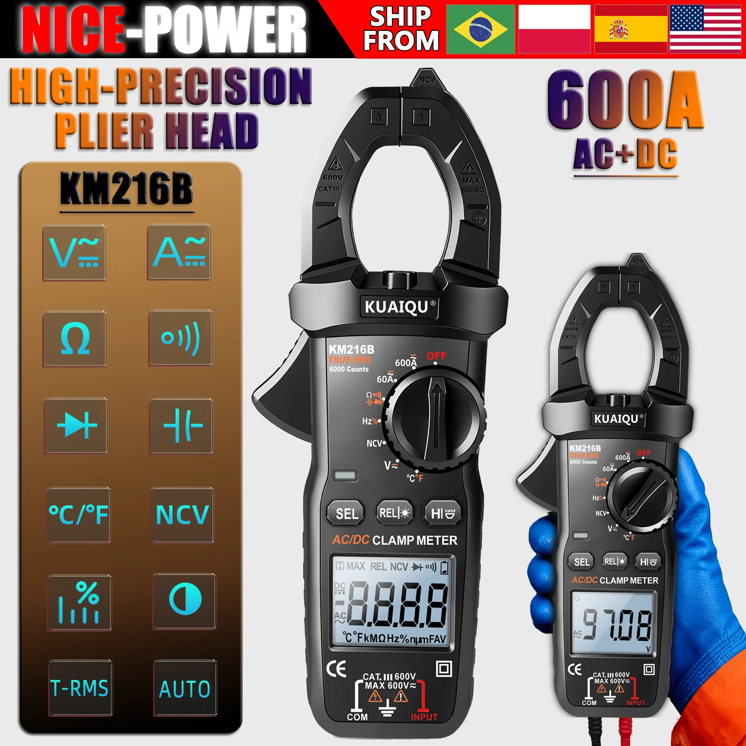 

KUAIQU AC/DC Digital Clamp Meter Meter Multimeter Pinza Amperimetrica True RMS High Precision Capacitance NCV Ohm Hz Tester