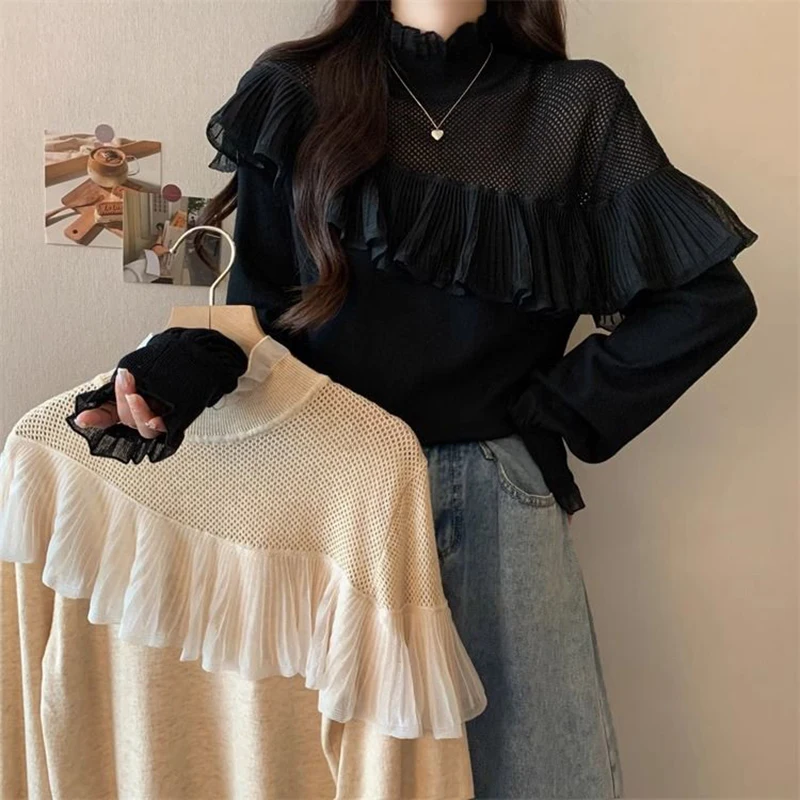 Half-high Collar Woolen Pullover Knit Mesh Fungus Patchwork Casual Jumper Japan All-match Slim Sexy Mujer