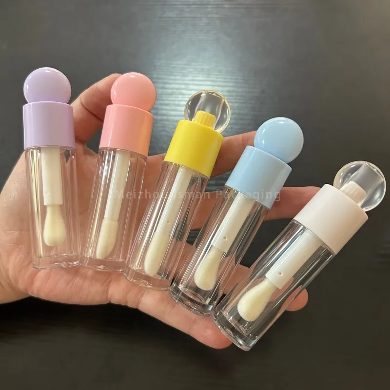 50 szt. Popularne 6-milimetrowe buteleczki na olejek do ust w kolorach makaroników, płaskie, okrągłe, puste tubki na błyszczyk kosmetyczny z dużym pędzelkiem.