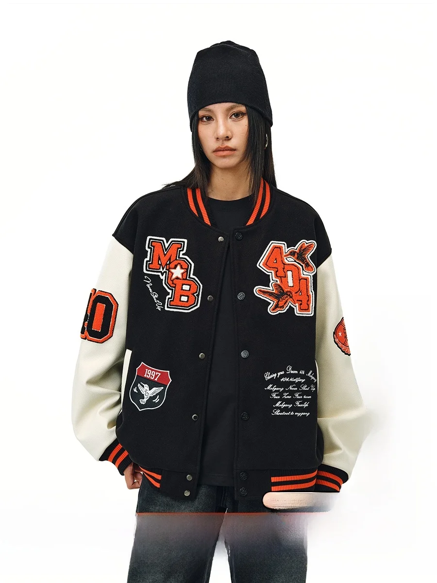 

Heavyweight Wool PU Leather Patchwork Color Blo American Sle Baseball Jaet for Men And Women 404MOB Hummingbird Embroidery