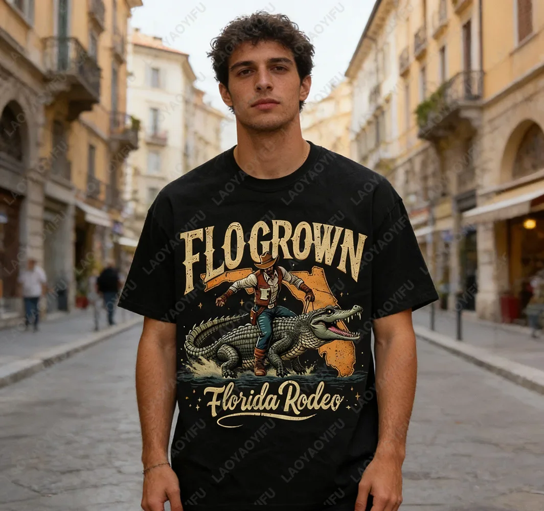 Florida Alligator Rodeo Humor Novelty Printed Cotton Tee Fashion Casual Streetwear Hip-hop Hipster Summer O-neck Man Tops Tshirt