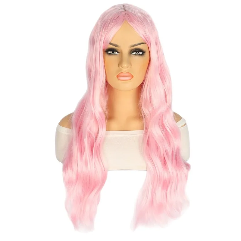 Wig for European and American women, synthetic fiber, pink, middle-parted, wavy bangs, long curly hair, high-temperature fiber - view 5