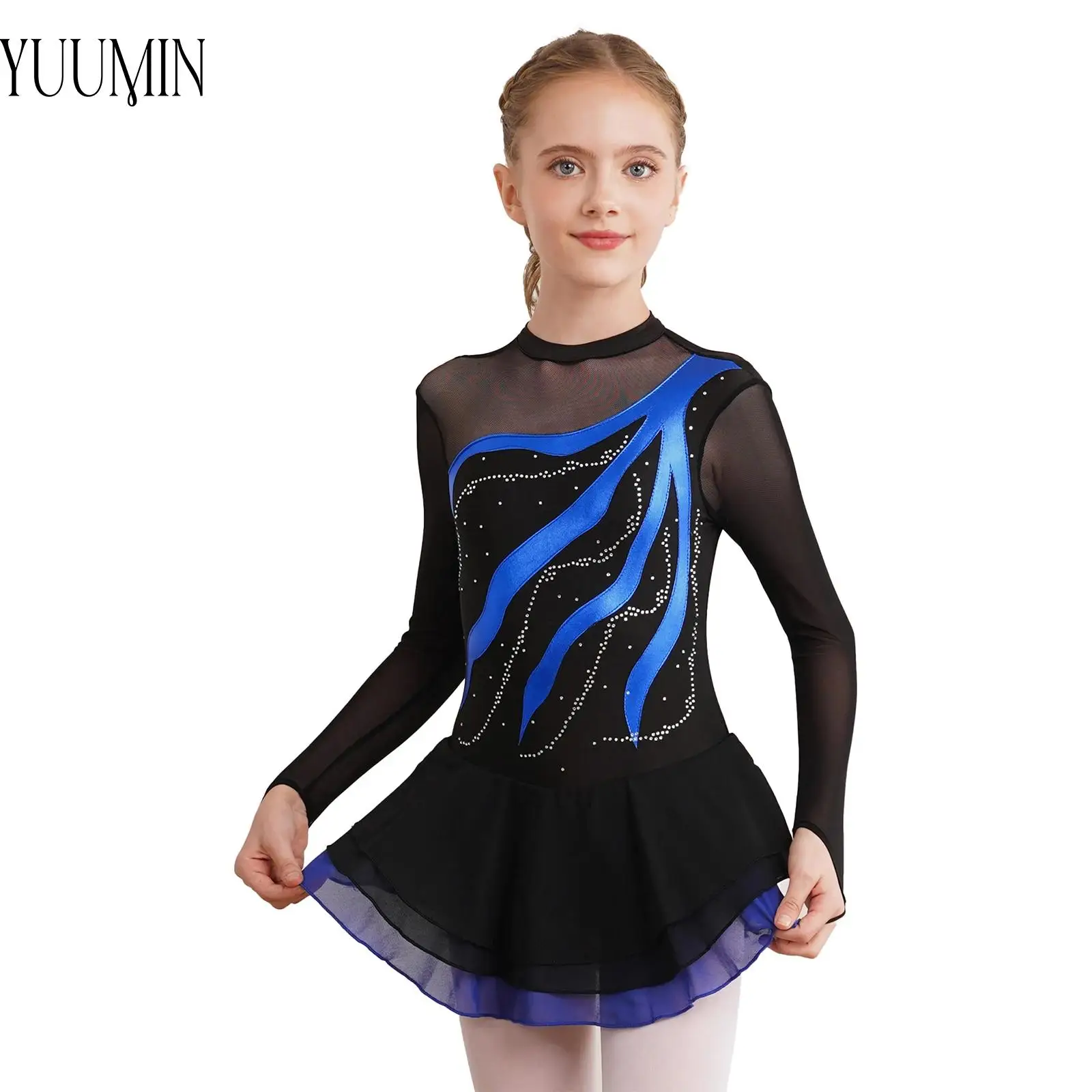 

Girls Ice Figure Skating Rhythmic Gymnastics Lyrical Dance Dress Long Sleeve Shiny Rhinestone Ballet Stage Performance Costume