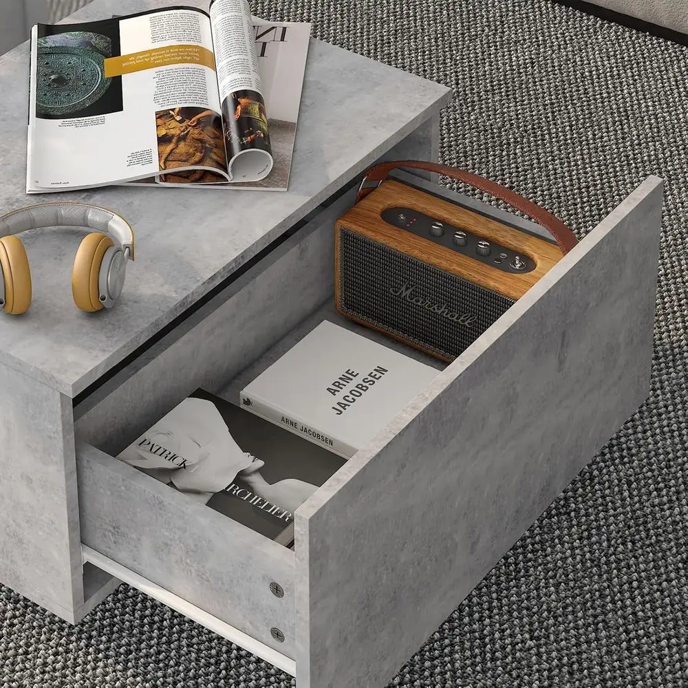 Rectangular Grey Storage Coffee Table with Acrylic Drawers for Living & Dining Rooms