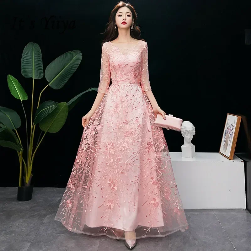 

It's Yiiya Evening Dress O-neck Embroidery Pink Half Sleeve Zipper Back Floor Length Plus Size Formal Gowns robe de soiree LF177