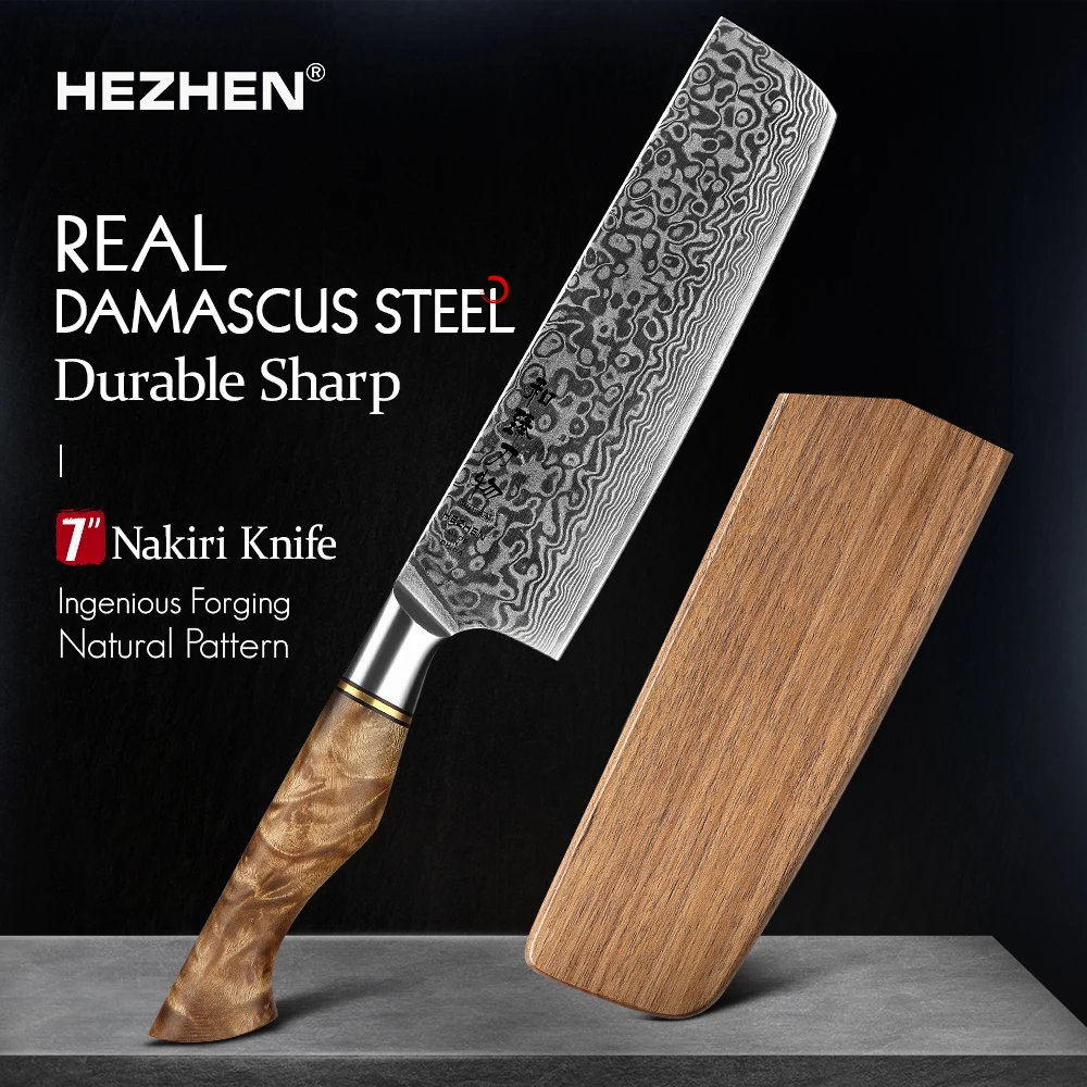 HEZHEN 7 Inch Nakiri Knife Real 67 Layer Damascus Super Steel Cut Meat Fish Vegetable Sharp Blade Kitchen Cook Knife