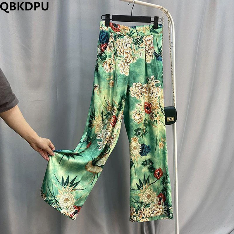 Satin Silk Print Boho Casual Ankle-Length Pants Women's High Waist Wide Leg Pantalones Summer Korean Straight Baggy Trousers