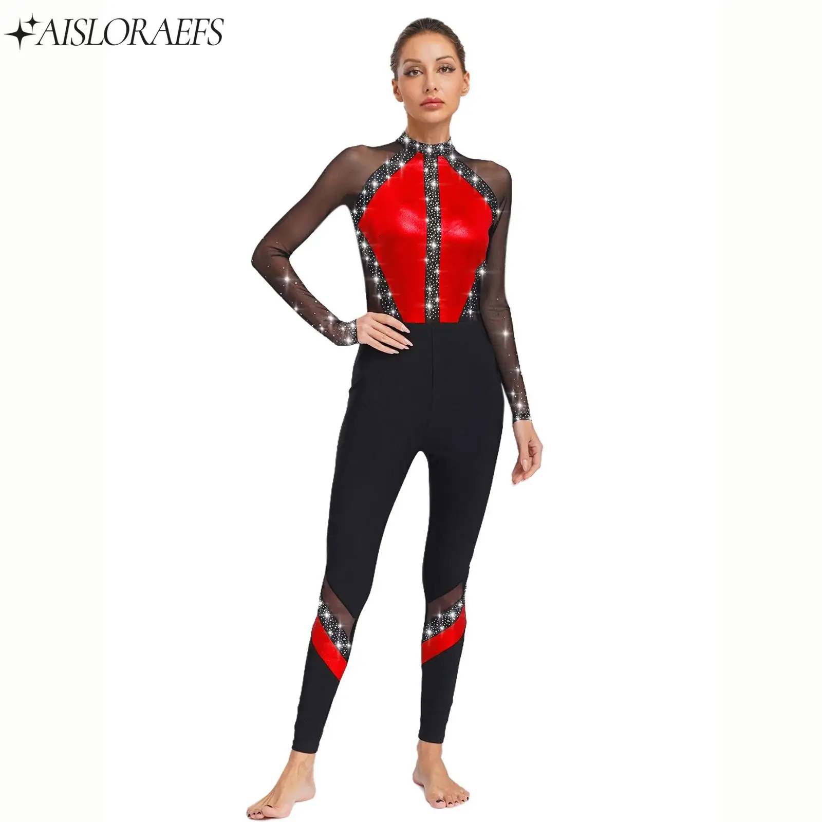 

Women Sparkling Rhinestones Figure Ice Skating Gymnastics Dance Costume Jumpsuit Full Body Leotard Bodysuit Ballet Dance Clothes