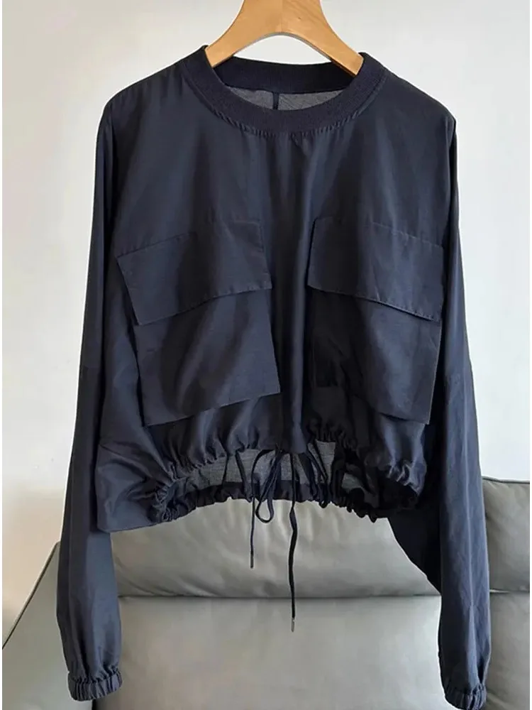 

Vintage Trendy O Neck Blue Top Long Sleeves Thin Blouse Women's Casual Loose Shirt Versatile Drawstring Women's Clothes Crop Top
